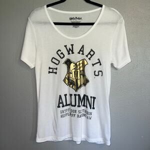 Harry Potter Hogwarts Alumni White Gold Graphic Print Short Sleeve T-Shirt Small